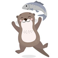 petite loutre debout heureuse saute en l'air avec un poisson souriant