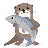 petite loutre debout heureuse tenant un poisson